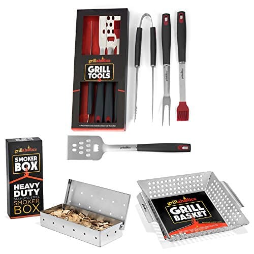 Grillaholics Advanced Grilling Bundle - Includes Premium 4-Piece Set of Grill Tools, Stainless Steel Smoker Box, and Heavy Duty Grill Basket - Perfect Grilling Accessories Package