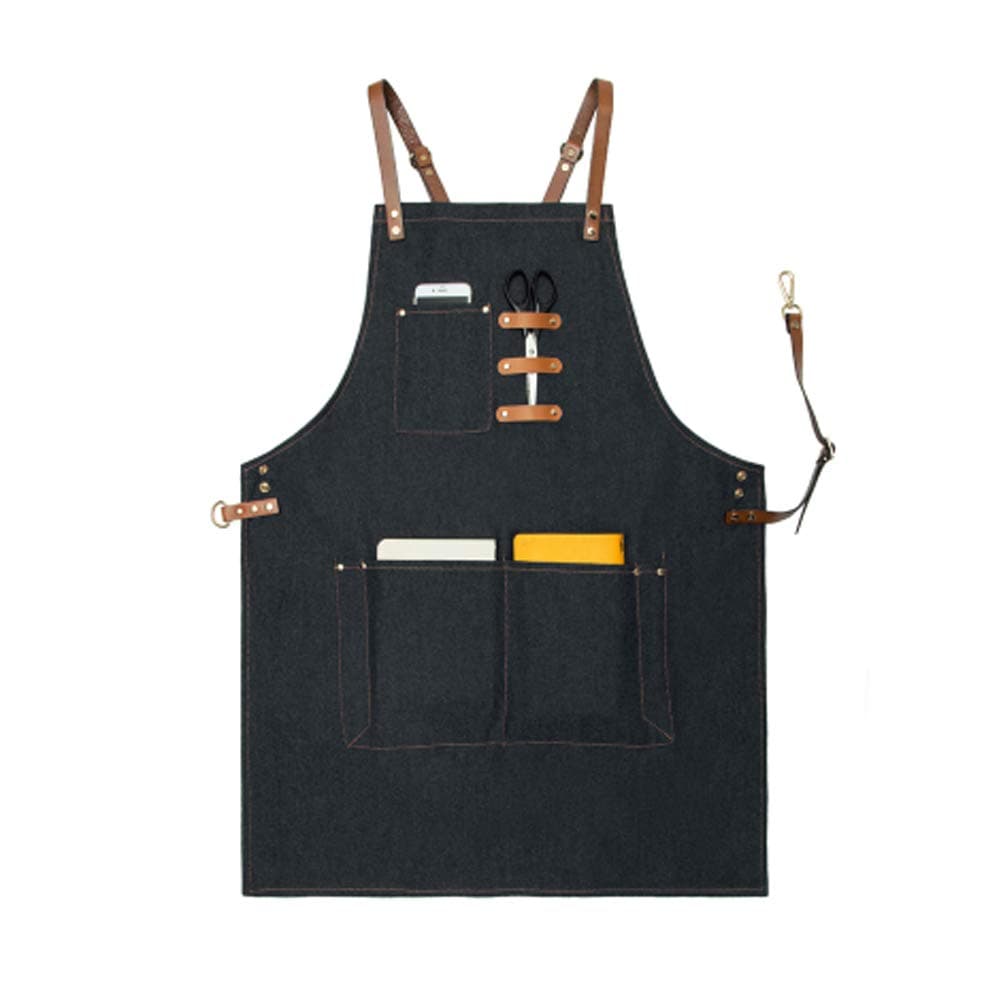 Adjustable Denim Jean Kitchen Apron with Pockets Multi-purpose for Barista, Kitchen, Cooking, Grill, Shop, Bartender, Artist, Stylist, Craft, BBQ, Chef Apron with Adjustable Cross Back Straps-Black