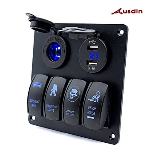 Switch Panel,Ausdin 4 Gang Laser Rocker Switch Panel Led Light Bar Control Box Marine Rocker Switch Dual USB 4.2A Outlet 12-24v Voltmeter Aluminum Heavy-Duty Waterproof Panel 16 Gauge Wiring Harness