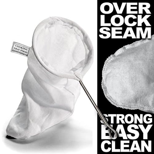 CTF Budget Thai Tea Strainer Large 2 Pack 5" Dia. Cloth Filter with Handle, 10" Deep Muslin Cotton Sock Holds 2 Cups of Loose Tea, Makes 2 Quarts of Thai Iced Tea, Chrome Plated Plain Steel Handle