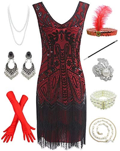 Women 1920s Short Prom Dresses V Neck Sequins Cocktail Flapper Plus Dress 20s Accessories Set