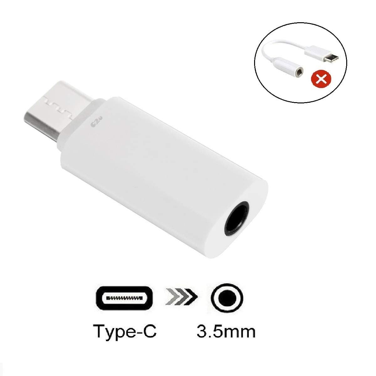 Click2u Mini USB Type-C to 3.5mm Headphone Jack Adapter- USB Type C to AUX Audio Jack Compatible with Huawei P20, LeEco Le, Samsung Galaxy S20 Ultra Z Flip - White(Not for Google Pixel)