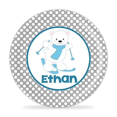 Polar Bear Plate - Blue Ski Bear Melamine Personalized Plate