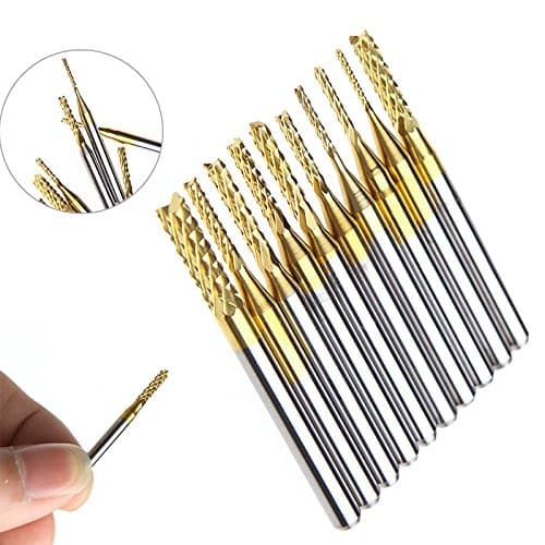10pcs Titanium Coated Carbide End Mill Engraving Bits Set - CNC Rotary Burrs Set - Square Nose - PCB Mould Plastic Fiber Carbon Fiber Hardwood – Shank:1/8” - Diameter 0.8mm - 3.175mm