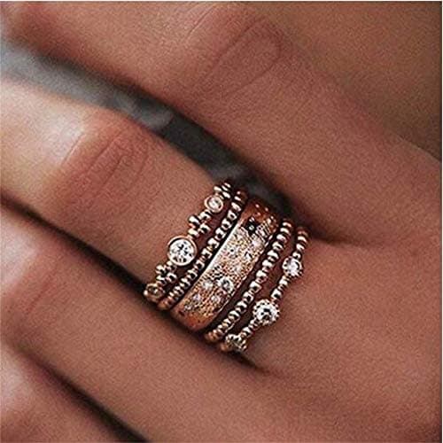 Yolandabecool 5pcs Set Rings for Women Stack Plain Above Knuckle Band Crystal Rose Gold Plated Finger Rings NO.9