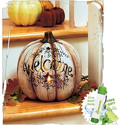 Decorative LED Country Lighted Welcome Pumpkin Primitive Fall Accent Decor and FREE Bonus 23 oz Water Bottle byHomecricket
