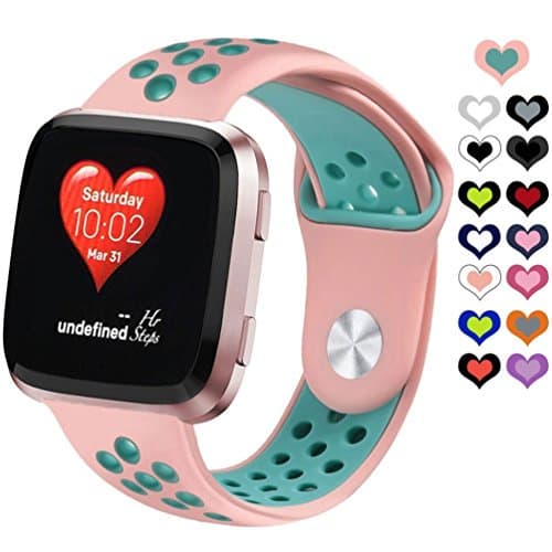 BTChoice Ventilation Holes Strap For Fitbit Versa, Soft Breathable Silicone Bands Replacement Watch Bracelet Wristband For Fitbit Versa Smart Watch (Pink &amp; Mint Green)