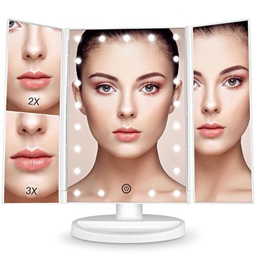 Makeup Vanity Mirror - LED lighted - By King Kosmetics, Magnification (2x,3x), White Large Trifold Cosmetic Mirror with 21 LED Lights, 180° Adjustable Rotation, Dual Power Supply