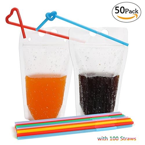 50 pack Translucent Drink Pouch Bag with 100 Bendable Extra Long Disposable Straws, 17 oz Heavy Duty Hand Held Drinking Bags, Reclosable Zipper Stand up Plastic Pouches for Icy and Hot Drink