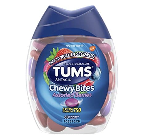 60 Count (1 Package) TUMS Chewy Tablets Assorted Berry - Extra Strength - Chewable Antacid - Goes To Work
