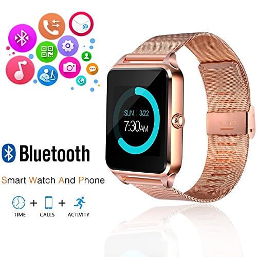 Wearable Bluetooth Touch Screen Smart Watch with Camera and SIM Card Slot for Android Samsung HTC LG SONY (Full Functions) IOS iPhone 5 / 5s / 6 / 6plus / 7(Partial functions) FENGZHAO FZ09 (Gold)
