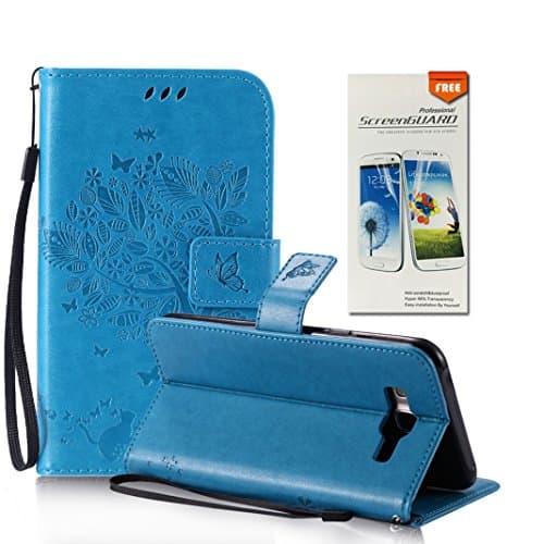OuDu Tree&Butterfly Printing Pattern Case for Samsung Galaxy J7 2015 SM-J700F PU Leather Cover Flip Wallet Shell Stand Function Bumper with Card Slots - Blue (Gift:1 Screen Protector)