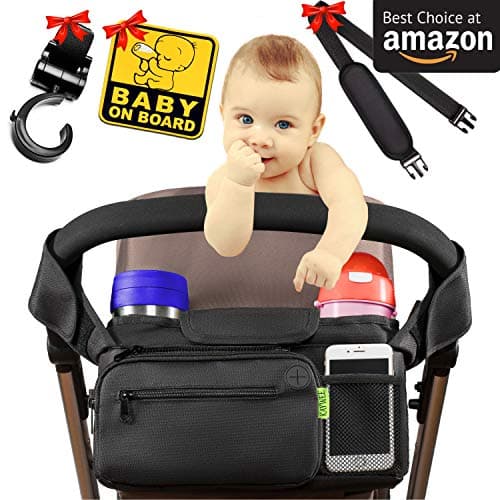 [Newest 2018] Best Stroller Organizer Stroller Accessories + Bonus Stroller Hook, Shoulder Strap & Baby on Board Sticker | with Insulated Cup Holders - Perfect for Jogging, Travelling or Shopping
