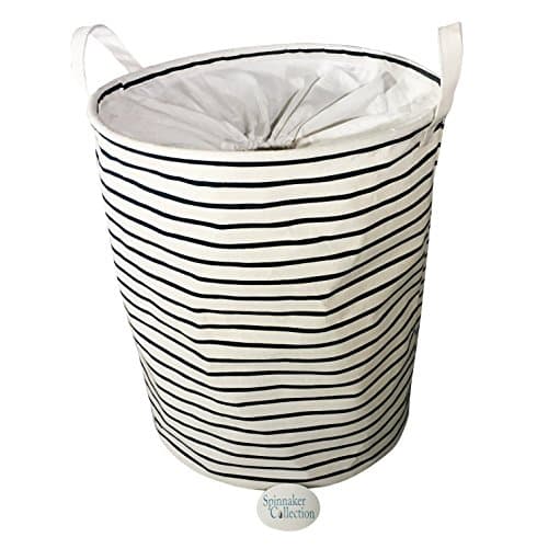 Canvas Drawstring-Top Storage Bin with Dark Blue Stripes - Spinnaker Collection