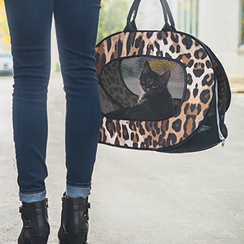Cat Carrier Soft Sided Easy Loading Cat Carrier Bag - Sturdy and Folds Flat. Pet Carriers for Cats - Large Cats and Small Dogs - Leopard Cat Carrier by Parent Geniuses