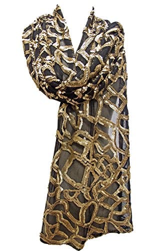 "Open Web Pattern" Sequin Sheer Net Scarf Stole Shawl Wrap Black Matte Gold