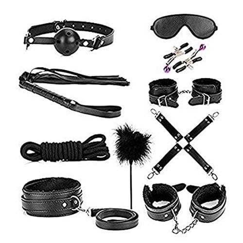 FourPlusOne 10 Pcs Bed Restraints Set - Includes Satin Blindfold, Velvet Draw String Bag And Feather Whip - Straps Adjustable Durable Exercise Bands, Black