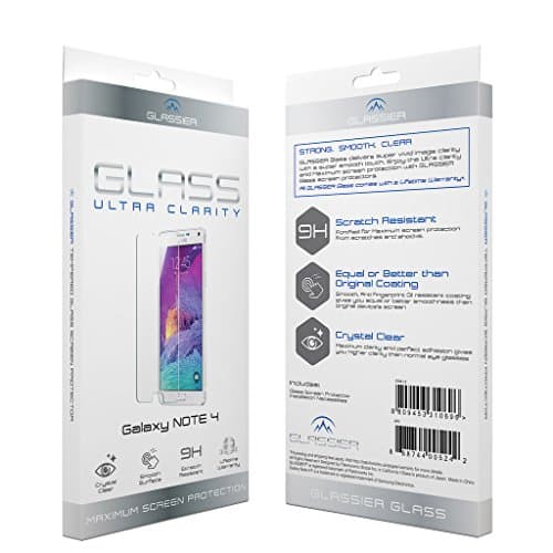 GLASSIER Tempered Glass Screen Protector for Samsung Galaxy Note 4 - Glass is product of Japan, Designed in California, 9H Crystal Clear 93% Transparency Scratch Resistance
