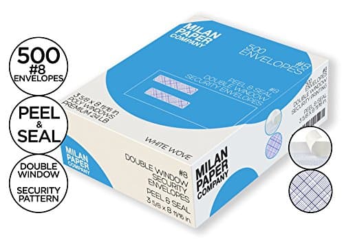#8 Double Window Security Envelope Peel and Seal, Premium 24lb Paper, White Wove 500 Pack - 3 5/8 X 8 11/16 size