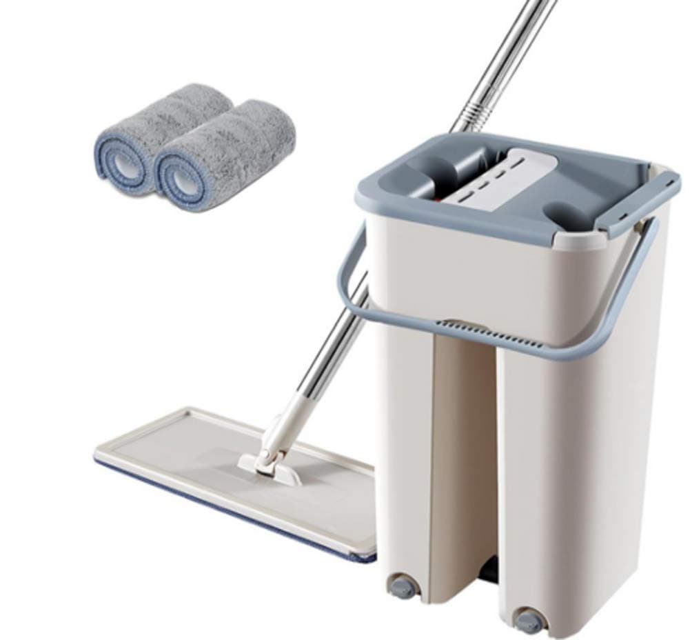 TSY Squeegee Mop Bucket with Mop Pads, Microfiber Flat Mop Cleaning Squeeze Hand Free Floor Mop (Bucket + mop + 2PC Mop Pads)