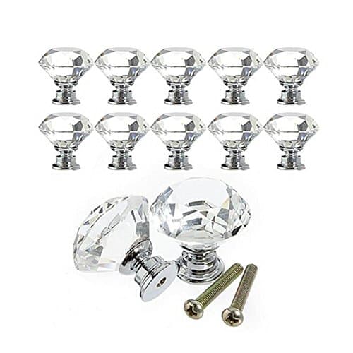 Rommeka 12Pcs Door Knobs Crystal 30mm Diamond Shape for Cupboard/Drawer Dresser Wardrobes Doorknob, Bathroom Cabinets, Shutters Pull Handles with Screws (White-12pcs)