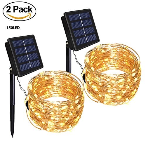 Outdoor Solar String Lights - Dolucky 150 LED 55ft 8 Mode Solar Powered Starry String Lights, Copper Wire Fairy Lights for Garden Decoration (Warm White, 2 Pack)