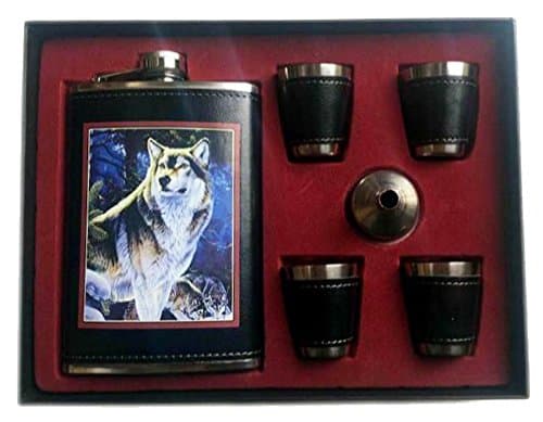 STANDING WOLF Gift 9 Ounce Flask Set with 4 Shot Glasses and Funnel