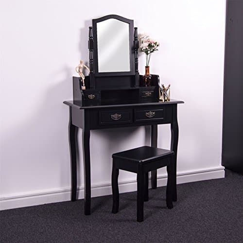 Home Discount Nishano 4 Drawer Dressing Table Adjustable Mirror Stool Bedroom Makeup Dresser Desk Furniture, Black