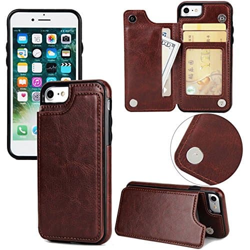 iPhone X Wallet Case，iPhone X Card Holder Case, Leather Kickstand Card Slots Case,Double Magnetic Clasp and Durable Shockproof Cover（Brown
