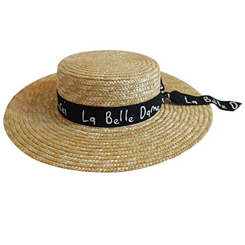 MAISON DE COCO Wide Brim 100% Natural Straw Adjustable Hat with Letter Scarf Panama Hat-BK