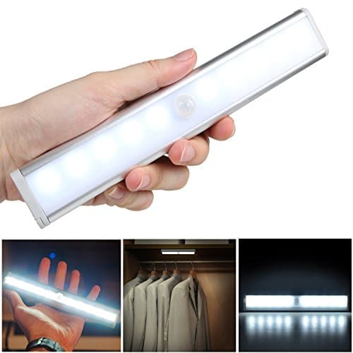 Motion Sensor Light Portable 10 LED Wireless Motion Sensing Light Bar Led Drawer Light with Magnetic Strip (Battery Operated) Stick-on Anywhere - Silver
