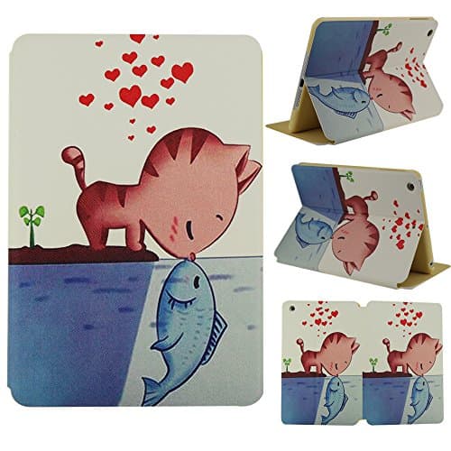 iPad mini 1 2 3 Case ,ANG PU Leather iPad Smart Cover Case with Sleep/Wake-up Function Flip Case,Colorful Painted Pattern Cover with Stand Set(Cat and Fish)