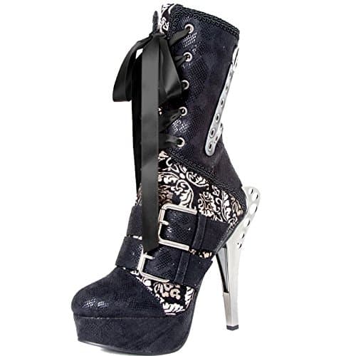 HADES Mid Calf Steampunk Textile Boot Victorian Pattern Satin Lace LORREIN Black-6