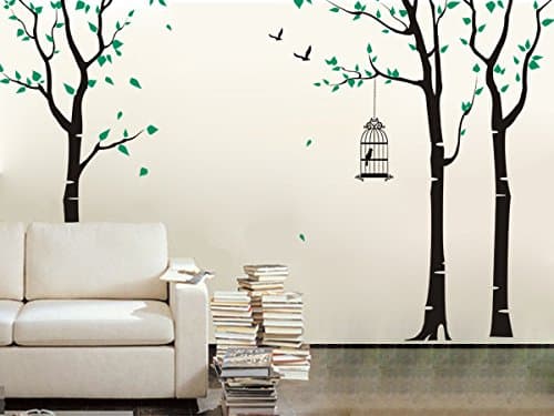 Pop Decors PT-0054VB Beautiful Wall Decals, Three Birch trees and Birdcage