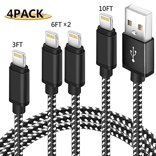 [4 Pack]Lightning Cable, (3FT 6FT 6FT 10FT) Nylon Braided Charger Cable Cord Lightning to USB Cable Support iPhone 8/X 7/7 Plus/6/6s/6 Plus/6s Plus, iPad Pro/Air/mini,iPod（Black+white)