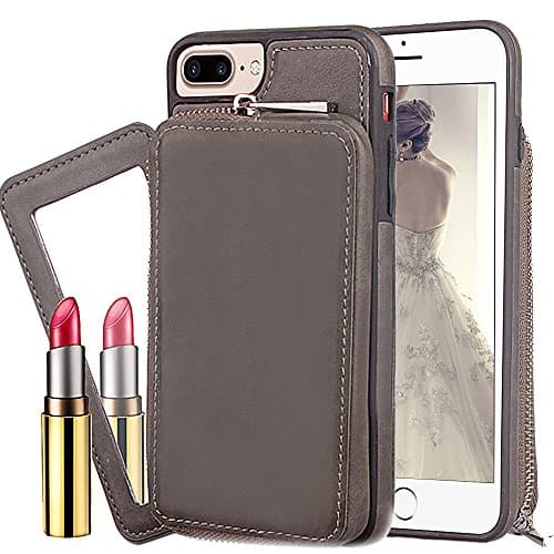 iphone 7 Case,OTRON iphone 8 Zipper PU Leather Wallet Credit Card Holder ID Slot Shockproof Hybrid Rubber Bumper Cover With Hidden Mirror &amp; Purse For Apple iphone 8 [4.7 inch](Gray)