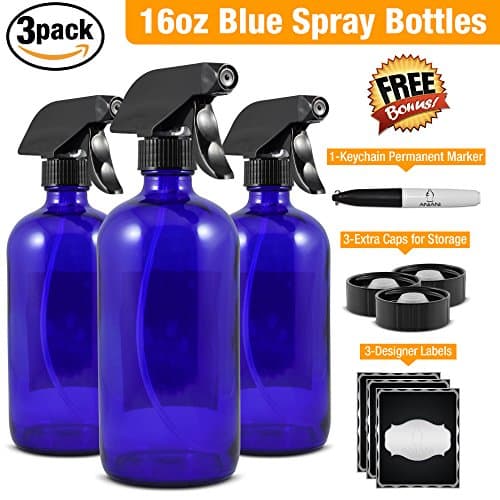 Empty Blue Glass Spray Bottle-Large 16 oz Refillable Container for Essential Oils, Cleaning Products, or Aromatherapy-Black Trigger Sprayer w/ Mist and Stream Settings-3 PackBonus Free Extras