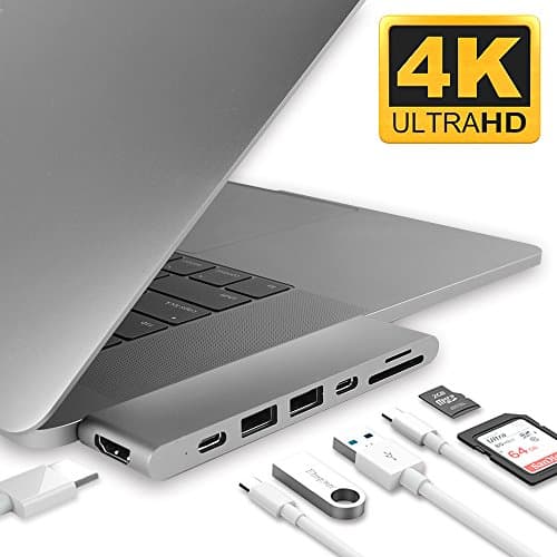 4K HDMI Combo Hub Adapter for MacBook Pro 13" &amp; 15" 2016/2017, Aluminum 7 in 1 USB Type C Charging Port, Thunderbolt 3 port, MicroSD/SDHC/SDXC Card Reader, 3 USB 3.0 Ports - Grey
