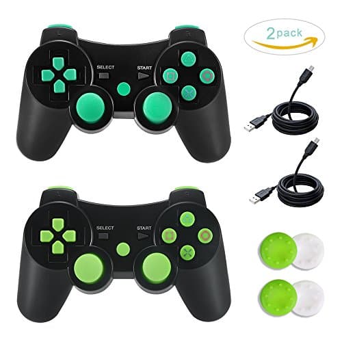 TONSUM 2 Pack Bluetooth Dualshock3 Joystick Game Remote Sixaxis Control Gamepad Heavy-duty Game Accessories for PlayStation3 with Charger Cable (Blue and Green)