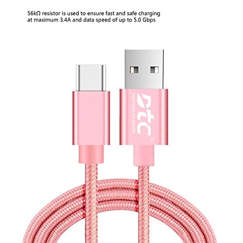DTC USB Type C to USB 3.0 3Ft Nylon Braided Cord Fast Charging with Reversible Connector for LG G5 V20,Nexus 6P 5X,MacBook 12",Google Pixel XL,Type C USB Devices (Pink)
