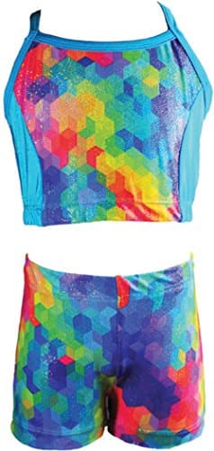 Reflectionz Girls Multi Cube Print on Aqua Spaghetti Strap Top and Shorts Set #SET4989 For Dance, Gymnastics, and Ballet (6)