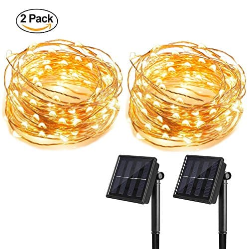 2 Pack T HomeLight Solar Power String Light 33FT 100Leds Warm White ON/OFF Flash 2 Mode Copper Decor Led Light, Patio, Yard, Travel, Motor Home DIY Picture Wall