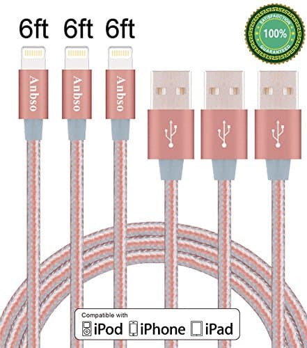 Anbso 3Pack 6FT Lightning to USB Cable Charger with 8-Pin Connector Compatible with iPhone 6/ 6 Plus/ 6s/ 6s Plus /5/5s/5c/iPad/iPod and More (Rose Golden )
