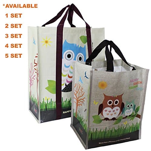 COMBO SET (3 XL + 3 Mini = 6 Pcs) EcoJeannie Super Strong Laminated Woven Reusable Shopping Tote Bags (Avail:1,2,3,4,5 Sets),Free Standing,Recycled Plastic/Bottom Board&amp;Reinforced Nylon Handle, WCS031