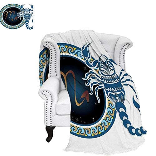 WilliamsDecor Zodiac Scorpio Throw Blanket Circle Shapes with Waves Pattern and an Ornamental Scorpion Warm Microfiber All Season Blanket for Bed or Couch 50"x30" Blue Indigo Pale Brown
