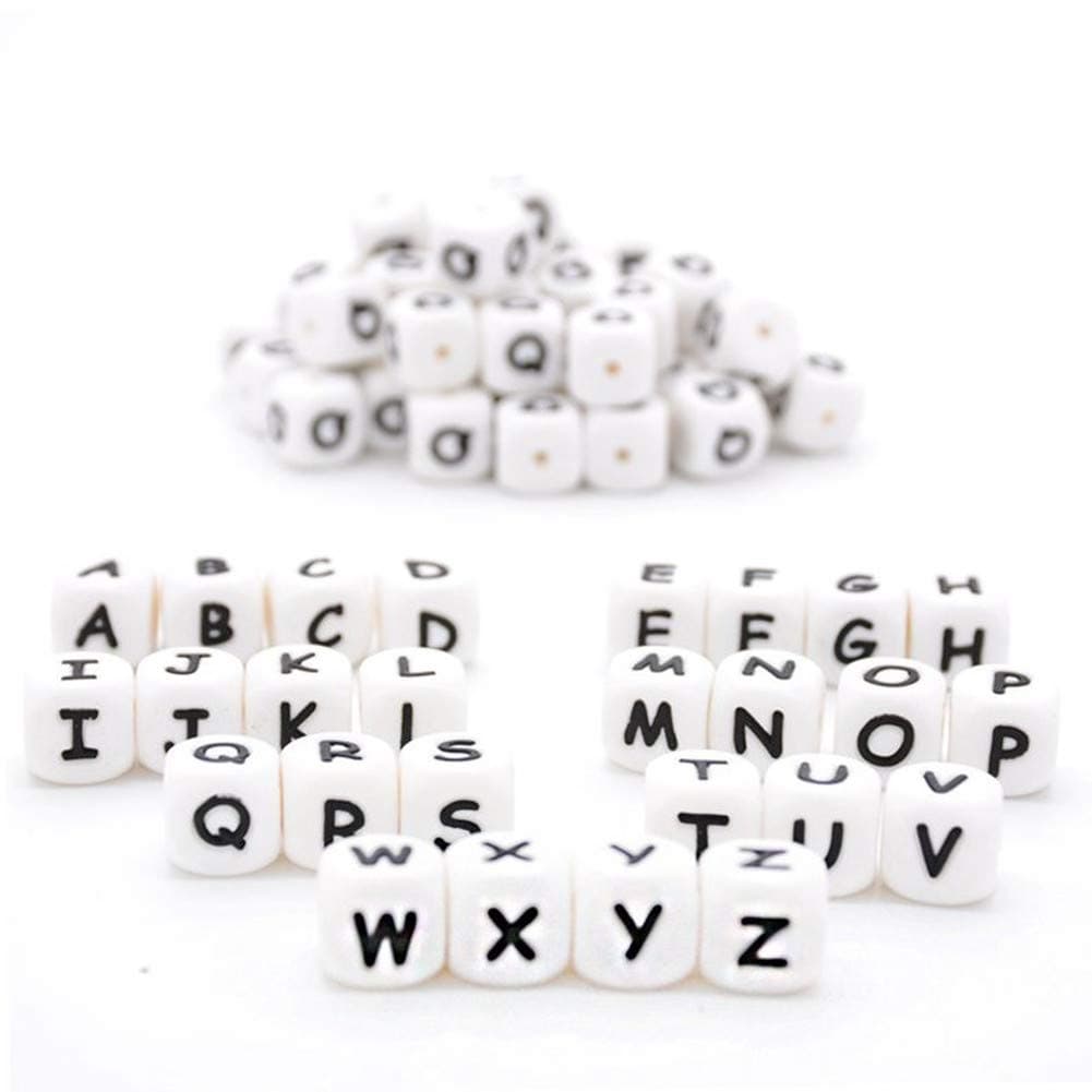 Silicone Alphabet 26 Letter Teether Cube Beads 12mm 100pc Loose Teething Beads DIY Nursing Necklace Chew Bracelet Pacifier Clip