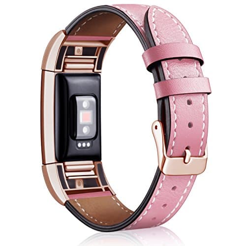 Mornex Strap Compatible Fitbit Charge 2 Band Leather Strap, Classic Adjustable Replacement Wristband Fitness Accessories Metal Connectors