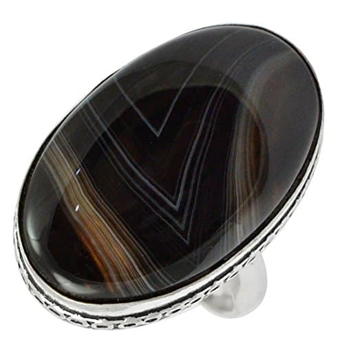 SILVERART Genuine Cabochon Botswana Agate 925 Silver Plated Ring