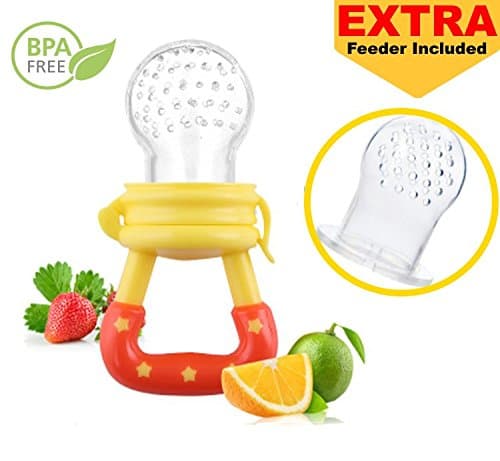GenialityKids Baby Solid Fresh Food Fruit Feeder Silicone Pacifier and Teether - Teething Pacifier with Feeding Pouch (Yellow Plus Feeder Replacement)