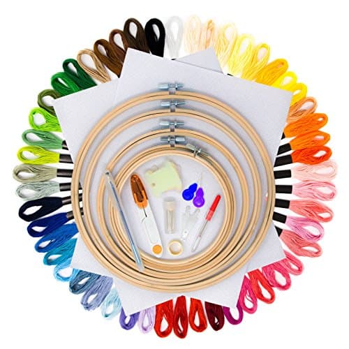 Complete Embroidery Starter Kit for Beginners - Includes 5 Bamboo Embroidery Hoops (6 inch, 9 inch, 10 inch), Embroidery Pen, Color Thread, Needles, and More - Cross Stitch Set for Kids and Adults